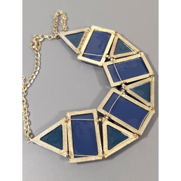 Blue Cabochon Statement Necklace Geometric Bold Gold Tone 18" - Picture 7 of 8